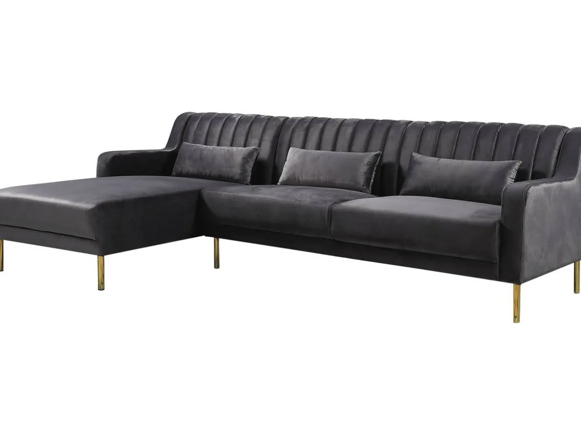 Canapé d'angle en velours "Oliver" - 275 x 161 x 81 cm - 5 places - Gris - Angle gauche