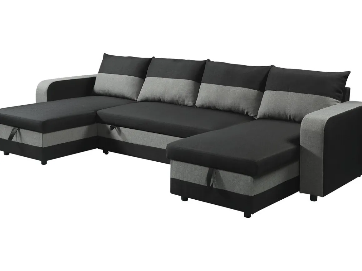 Canapé d'angle panoramique convertible en tissu "Victor" - 4 places - Noir