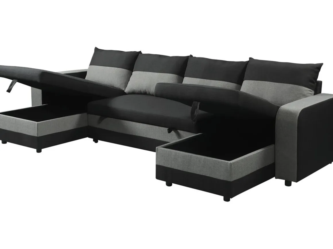 Canapé d'angle panoramique convertible en tissu "Victor" - 4 places - Noir