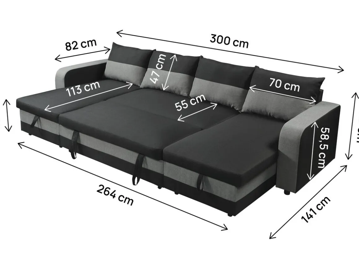 Canapé d'angle panoramique convertible en tissu "Victor" - 4 places - Noir