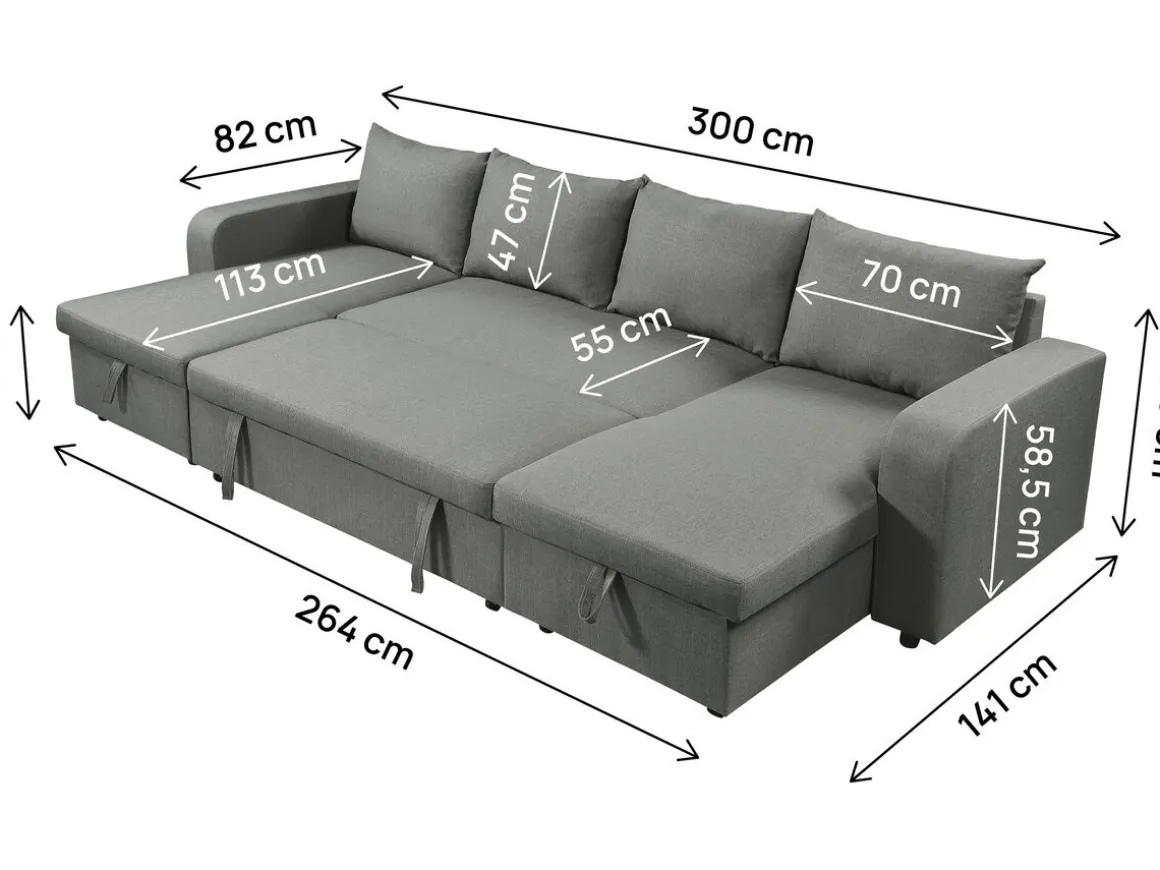 Canapé d'angle panoramique convertible en tissu "Victor" - 4 places - Gris