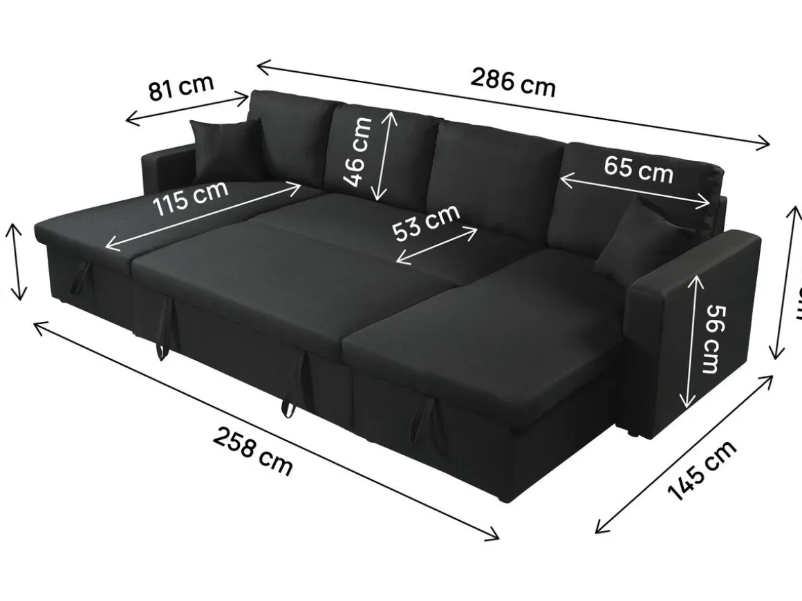 Canapé d'angle panoramique convertible en tissu "Alain" - 4 places - Noir
