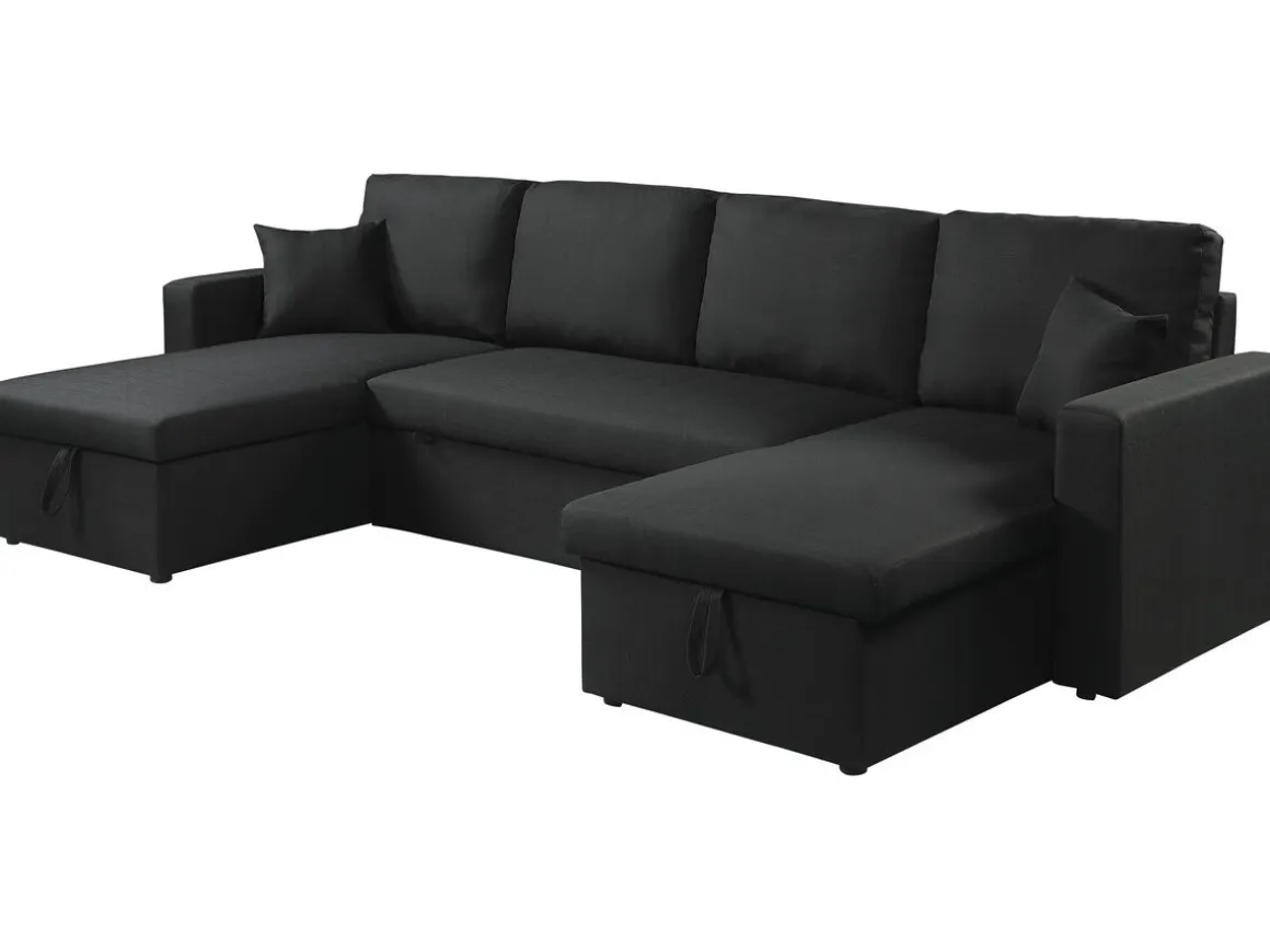 Canapé d'angle panoramique convertible en tissu "Alain" - 4 places - Noir