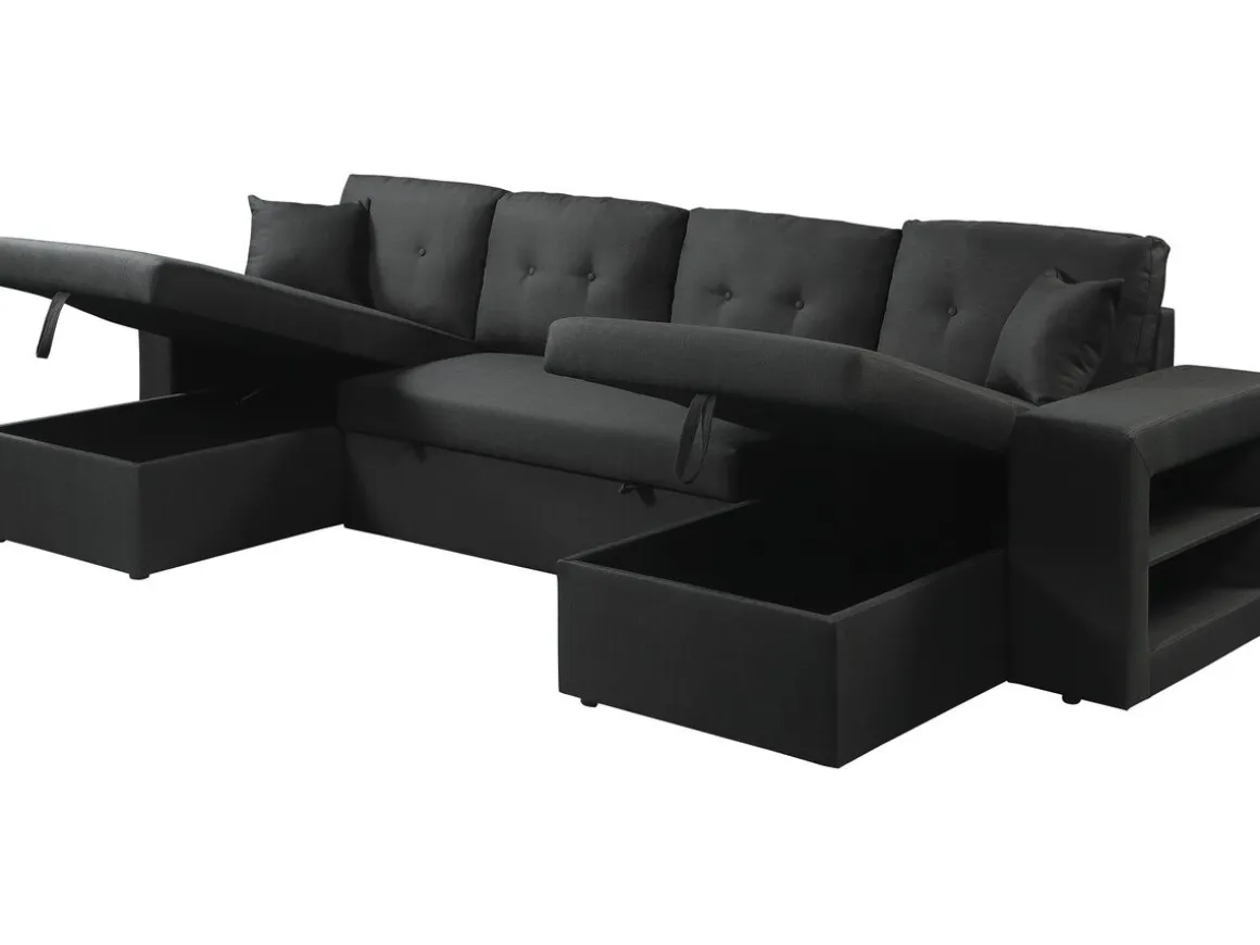 Canapé d'angle panoramique convertible en tissu "Axel" - 4 places - Noir