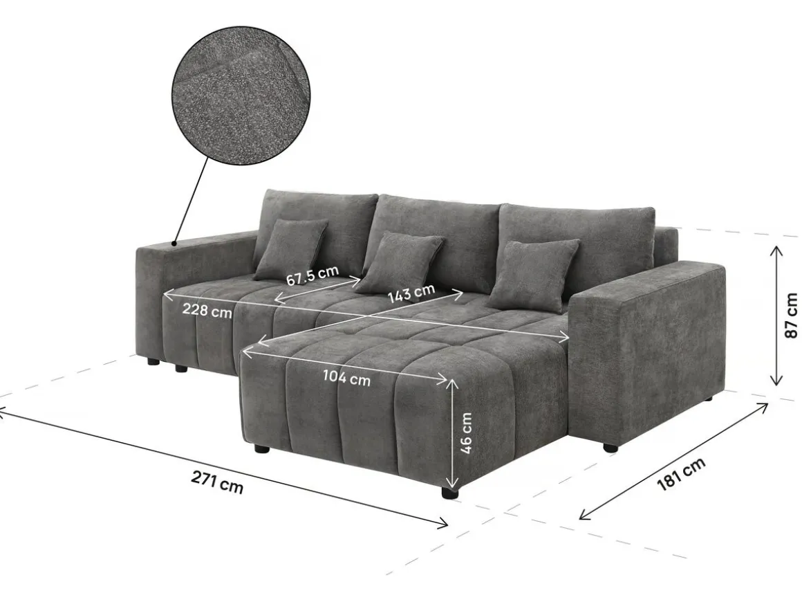 Canapé d'angle réversible/convertible en tissu - "George" - 4 places - Gris