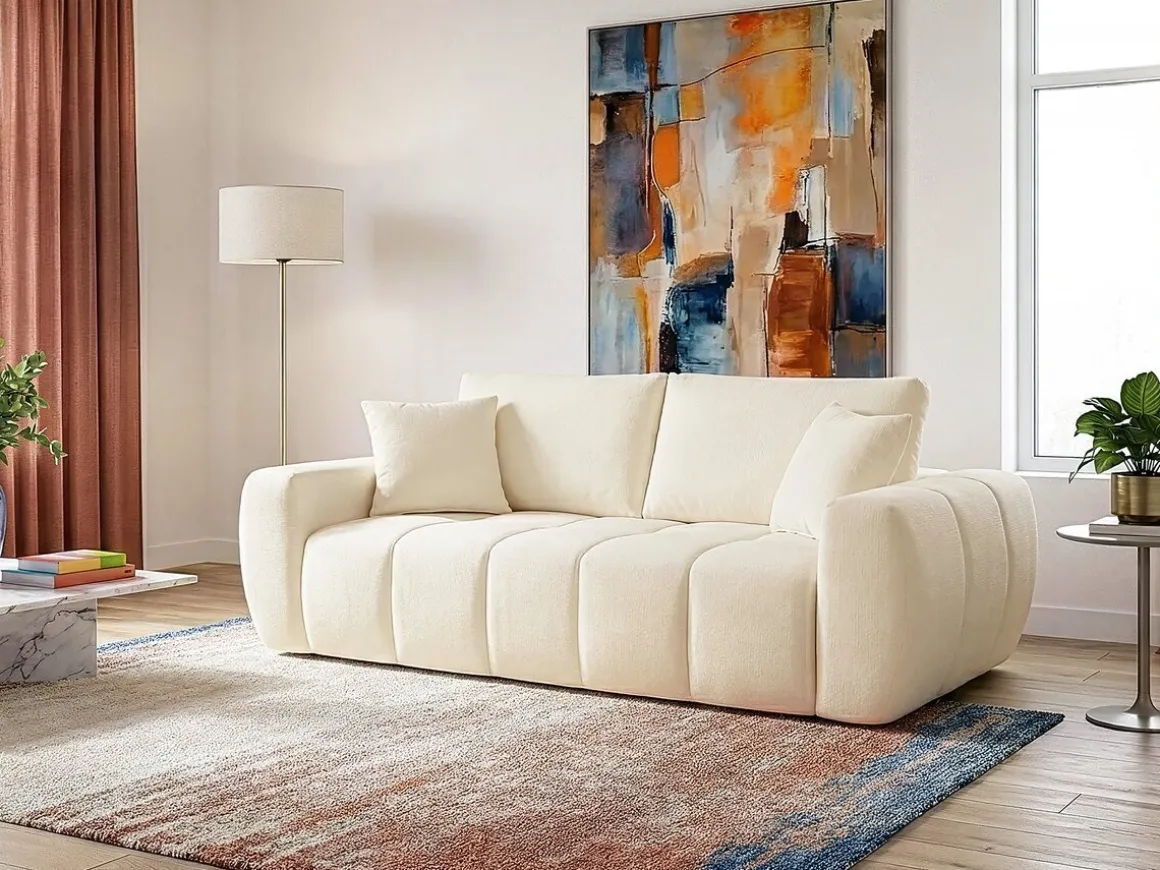 Canapé droit en tissu style bubble "Léonie" - 3 places - Beige