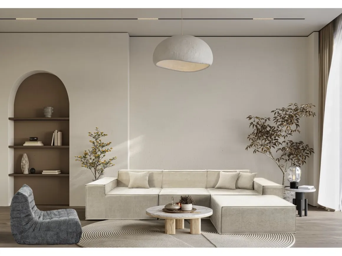 Canapé droit modulable avec ottoman en tissu texturé "Lusso" - 4 places - Beige