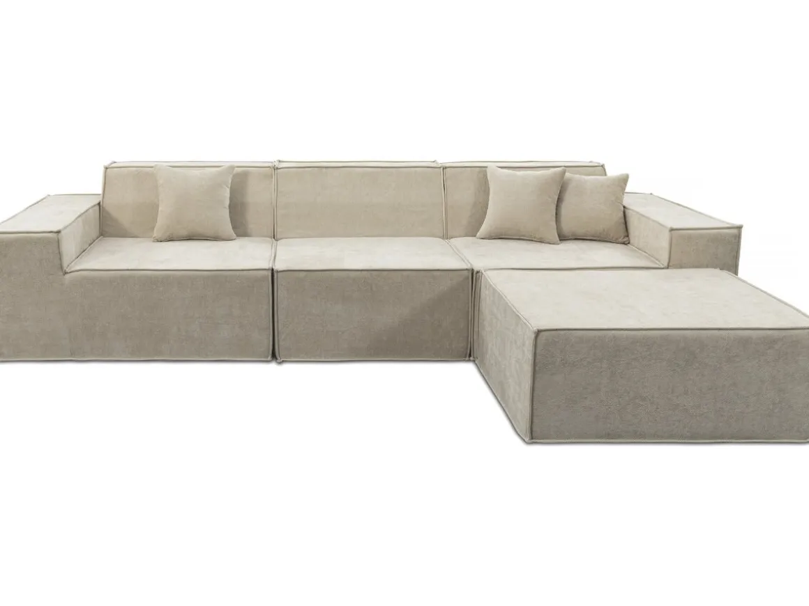 Canapé droit modulable avec ottoman en tissu texturé "Lusso" - 4 places - Beige
