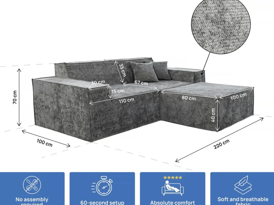 Canapé droit modulable avec ottoman en tissu texturé "Lusso" - 3 places - Gris