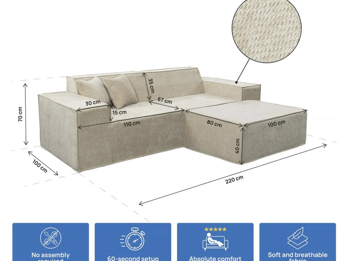 Canapé droit modulable avec ottoman en tissu texturé "Lusso" - 3 places - Beige