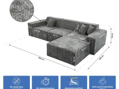 Canapé droit modulable avec ottoman en tissu texturé "Lusso" - 4 places - Gris