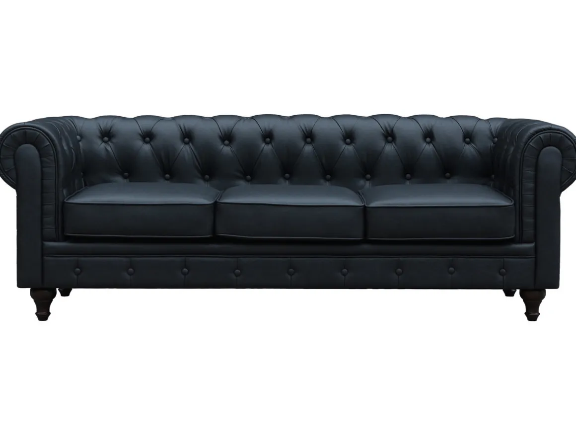 Canapé fixe Chesterfield "Aliza" - 208 x 82 x 70 cm - 3 places - Noir