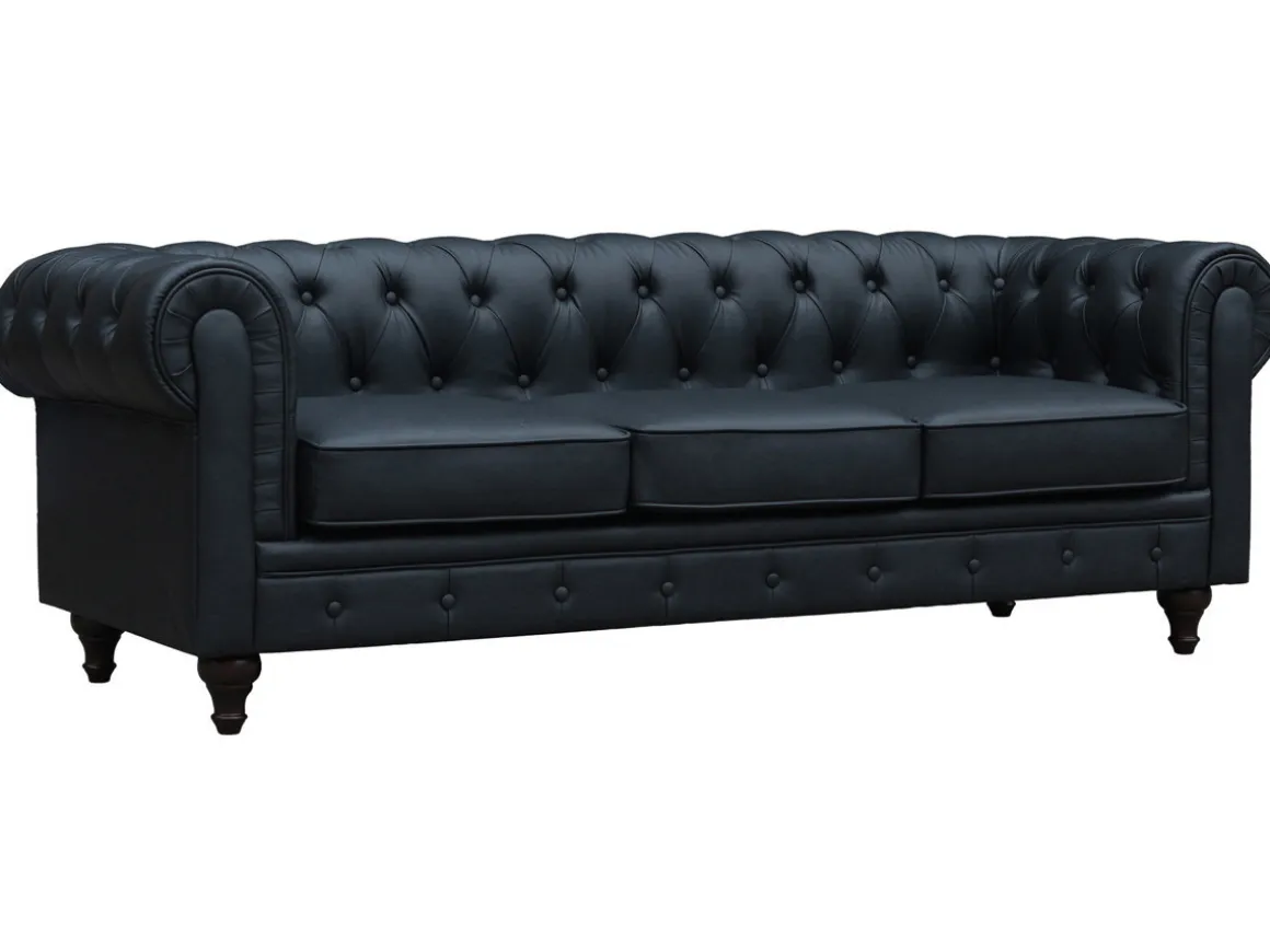 Canapé fixe Chesterfield "Aliza" - 208 x 82 x 70 cm - 3 places - Noir