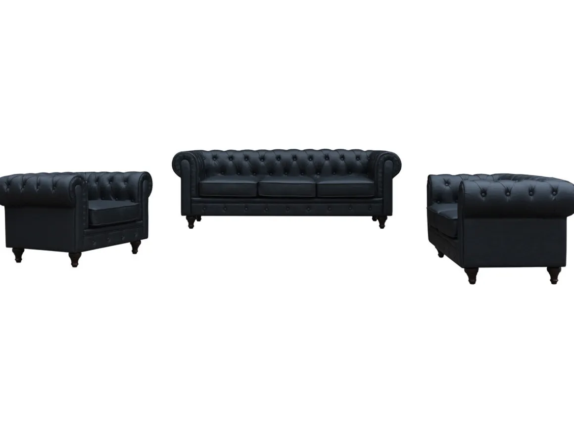 Canapé fixe Chesterfield "Aliza" - 208 x 82 x 70 cm - 3 places - Noir