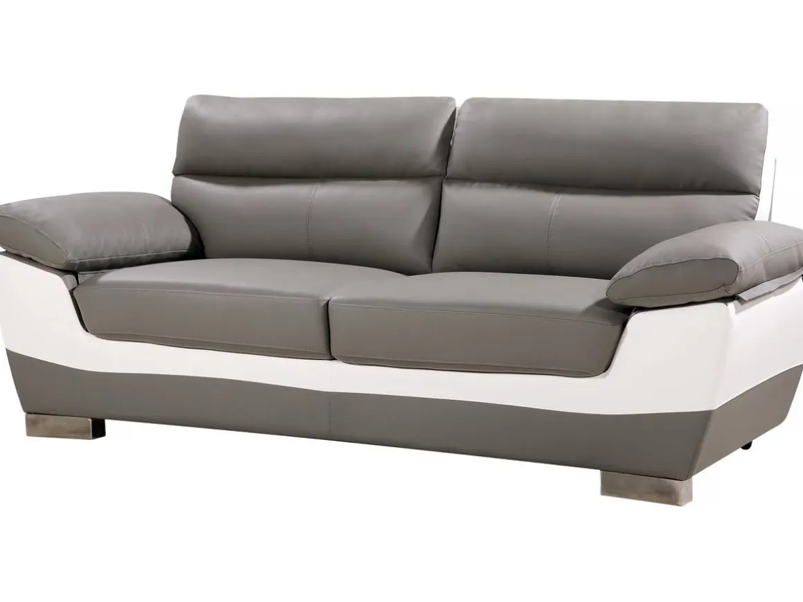 Canapé fixe en cuir reconstitué et PVC " Dallas" - 210 x 88 x 90 cm - 3 places - Gris/Blanc