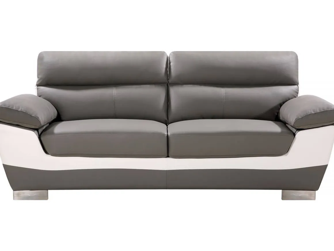 Canapé fixe en cuir reconstitué et PVC " Dallas" - 210 x 88 x 90 cm - 3 places - Gris/Blanc
