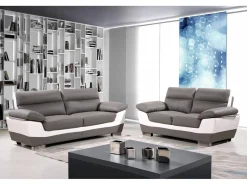 Canapé fixe en cuir reconstitué et PVC " Dallas" - 169 x 88 x 90 cm - 2 places - Gris/Blanc