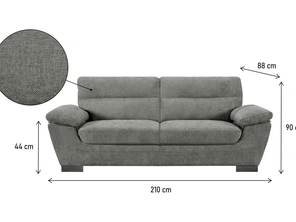Canapé fixe en tissu "Dallas" - 210 X 88 X 90 cm - 3 places - Gris