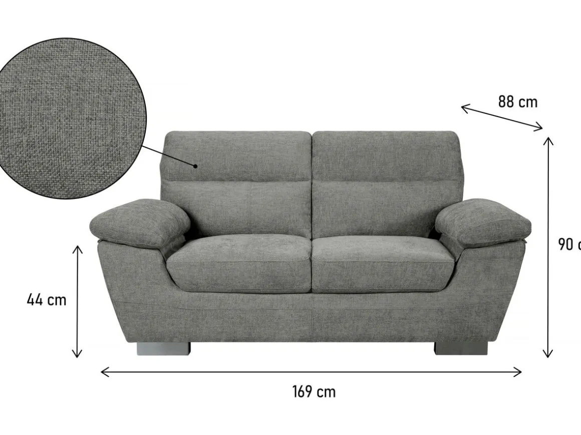 Canapé fixe en tissu "Dallas" - 169 x 88 x 90 cm - 2 places - Gris