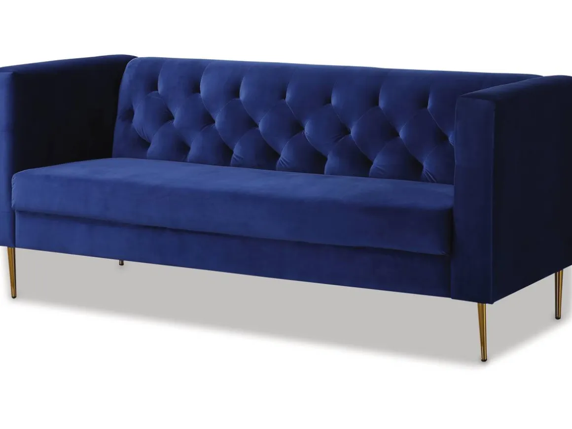 Canapé fixe en velours "Bruce" - 196 x 76 x 82 cm - 3 places - Bleu foncé