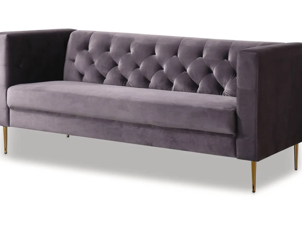 Canapé fixe en velours "Bruce" - 196 x 76 x 82 cm - 3 places - Gris