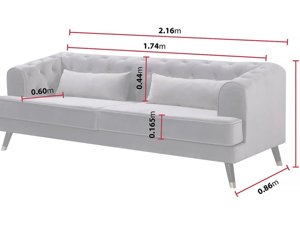Canapé fixe en velours "Gloria" - 216 x 86 x 76 cm - 3 places - Gris