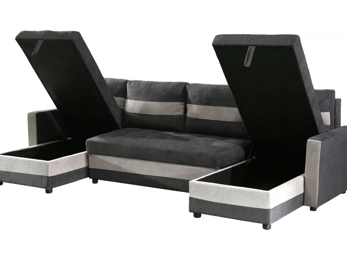 Canapé panoramique convertible avec coffres de rangement "Antoine" - 5 places - Gris foncé/ Gris clair