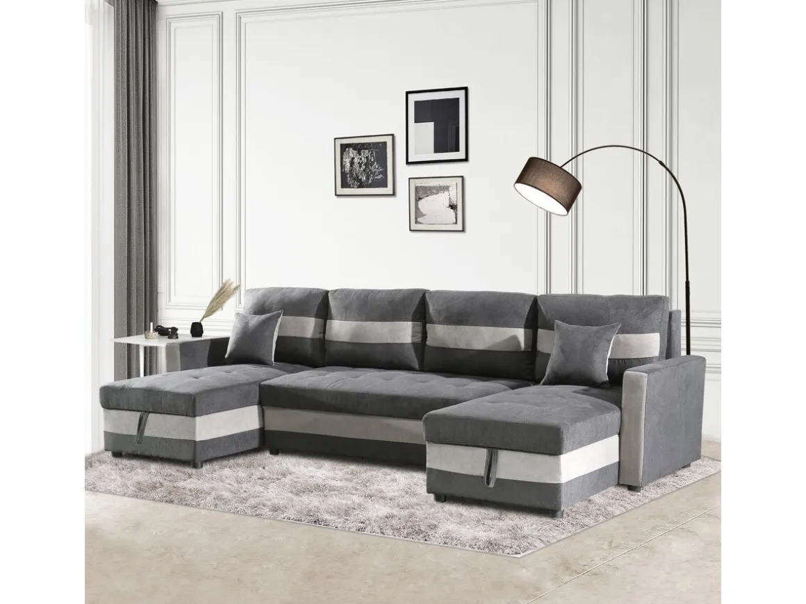 Canapé panoramique convertible avec coffres de rangement "Antoine" - 5 places - Gris foncé/ Gris clair