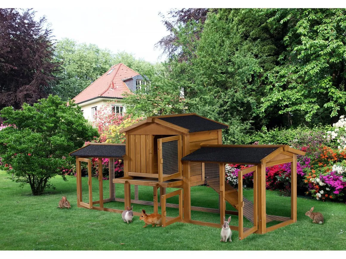 Clapier pour lapin avec 1 étage en bois "Galina" - 224 x 53 x 84 cm - Marron