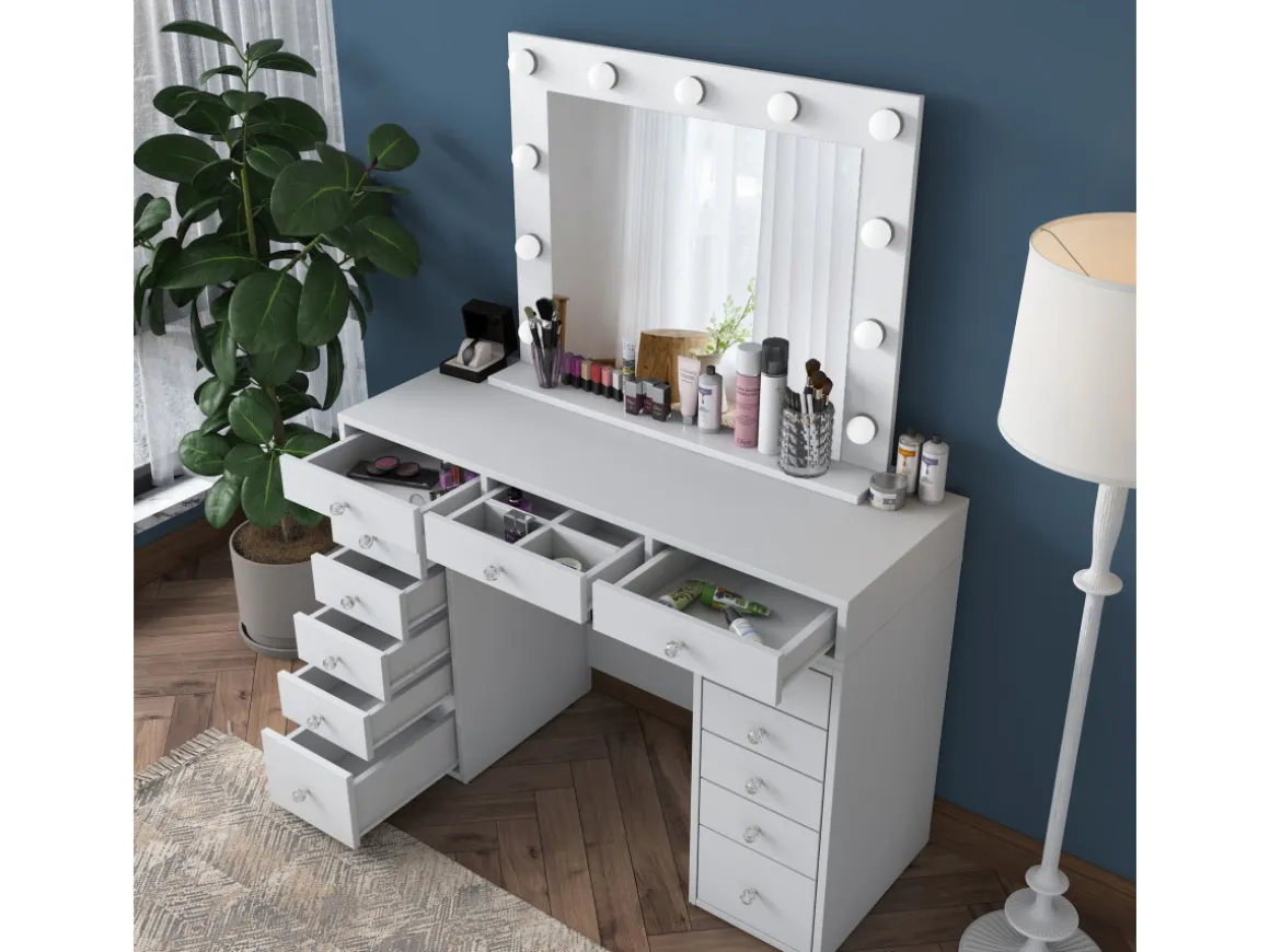 Coiffeuse avec miroir en bois "Sirma" - 120 x 44 x 82 cm - Blanc