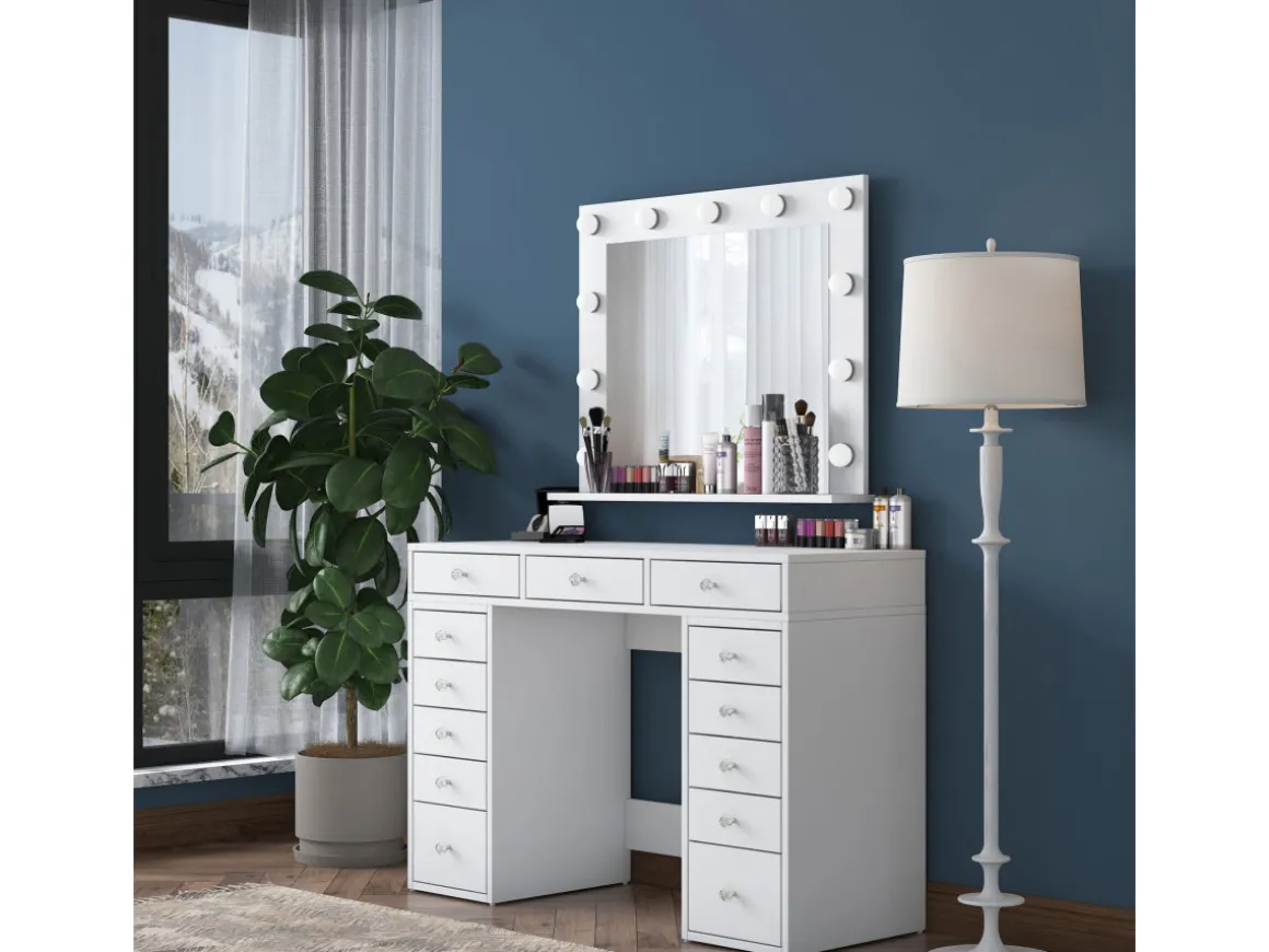 Coiffeuse avec miroir en bois "Sirma" - 120 x 44 x 82 cm - Blanc