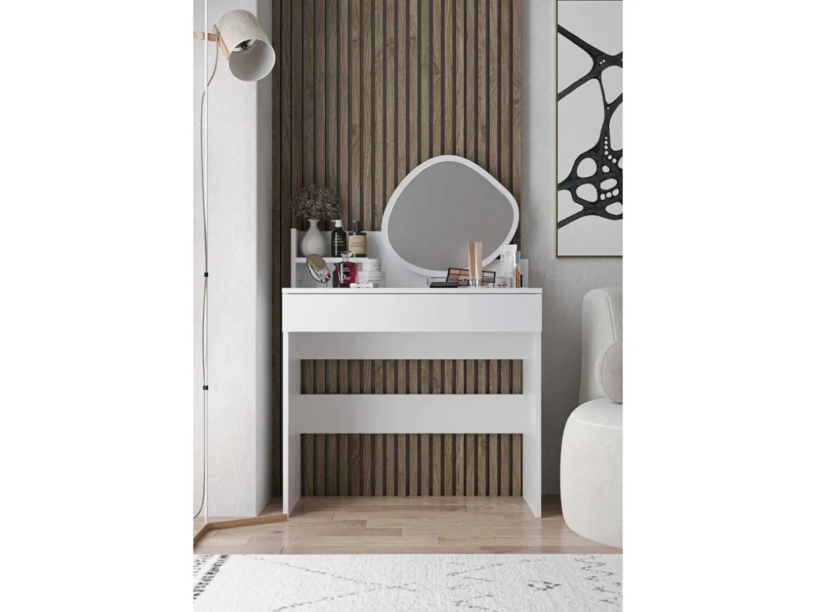 Coiffeuse avec miroir en bois "Harmony Mini Amorphous" - 90 x 40 x 133 cm - Blanc