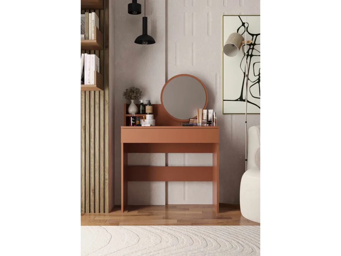 Coiffeuse avec miroir en bois "Harmony Mini Round" - 90 x 40 x 133 cm - Terracotta