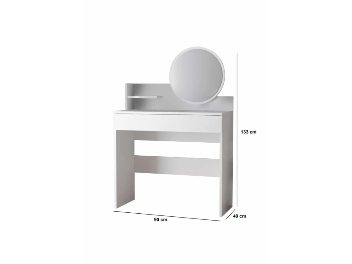Coiffeuse avec miroir en bois "Harmony Mini Round" - 90 x 40 x 133 cm - Blanc