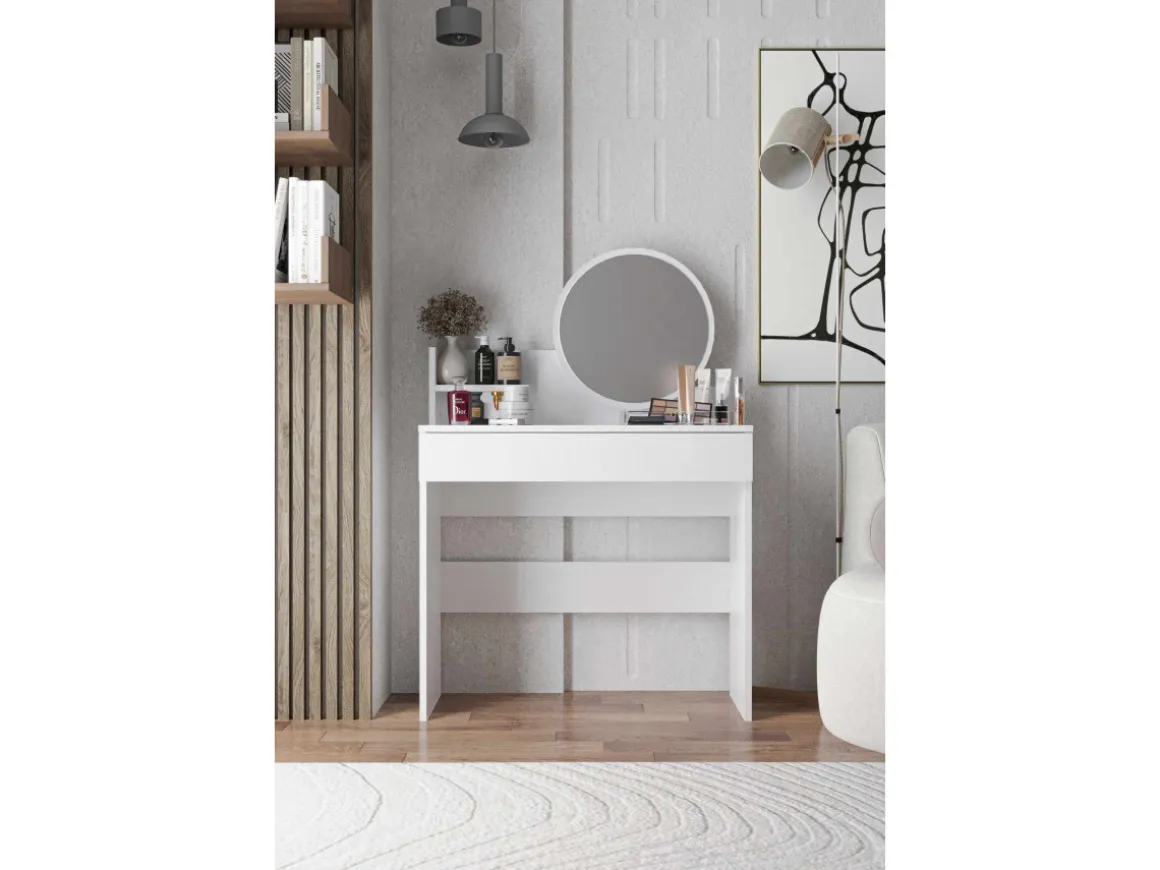 Coiffeuse avec miroir en bois "Harmony Mini Round" - 90 x 40 x 133 cm - Blanc