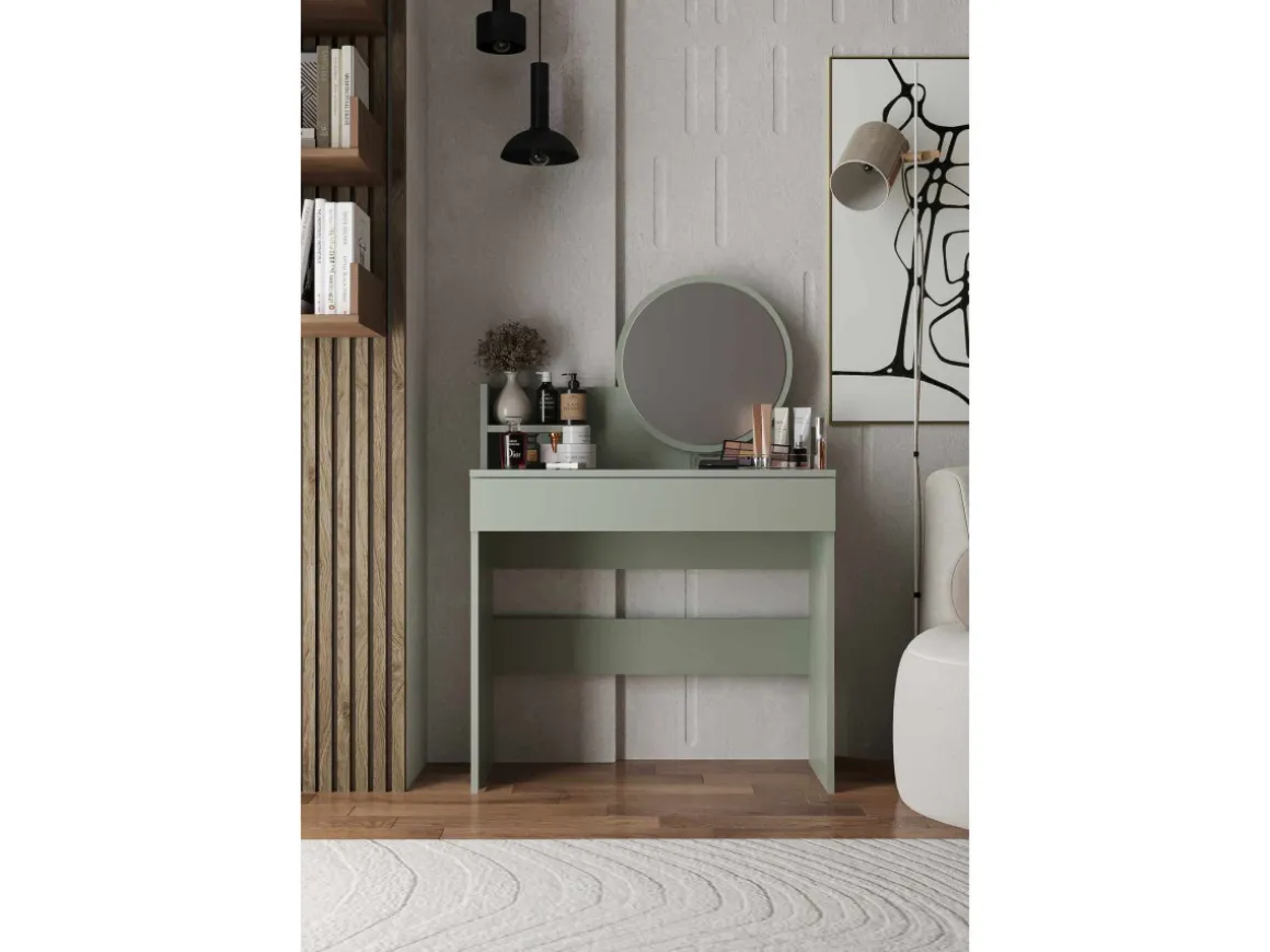 Coiffeuse avec miroir en bois "Harmony Mini Round" - 90 x 40 x 133 cm - Vert