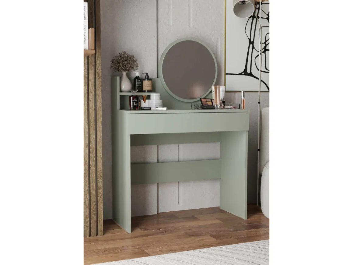 Coiffeuse avec miroir en bois "Harmony Mini Round" - 90 x 40 x 133 cm - Vert