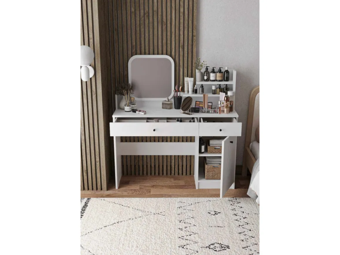 Coiffeuse avec miroir en bois "Harmony Square" - 124 x 40 x 135 cm - Blanc