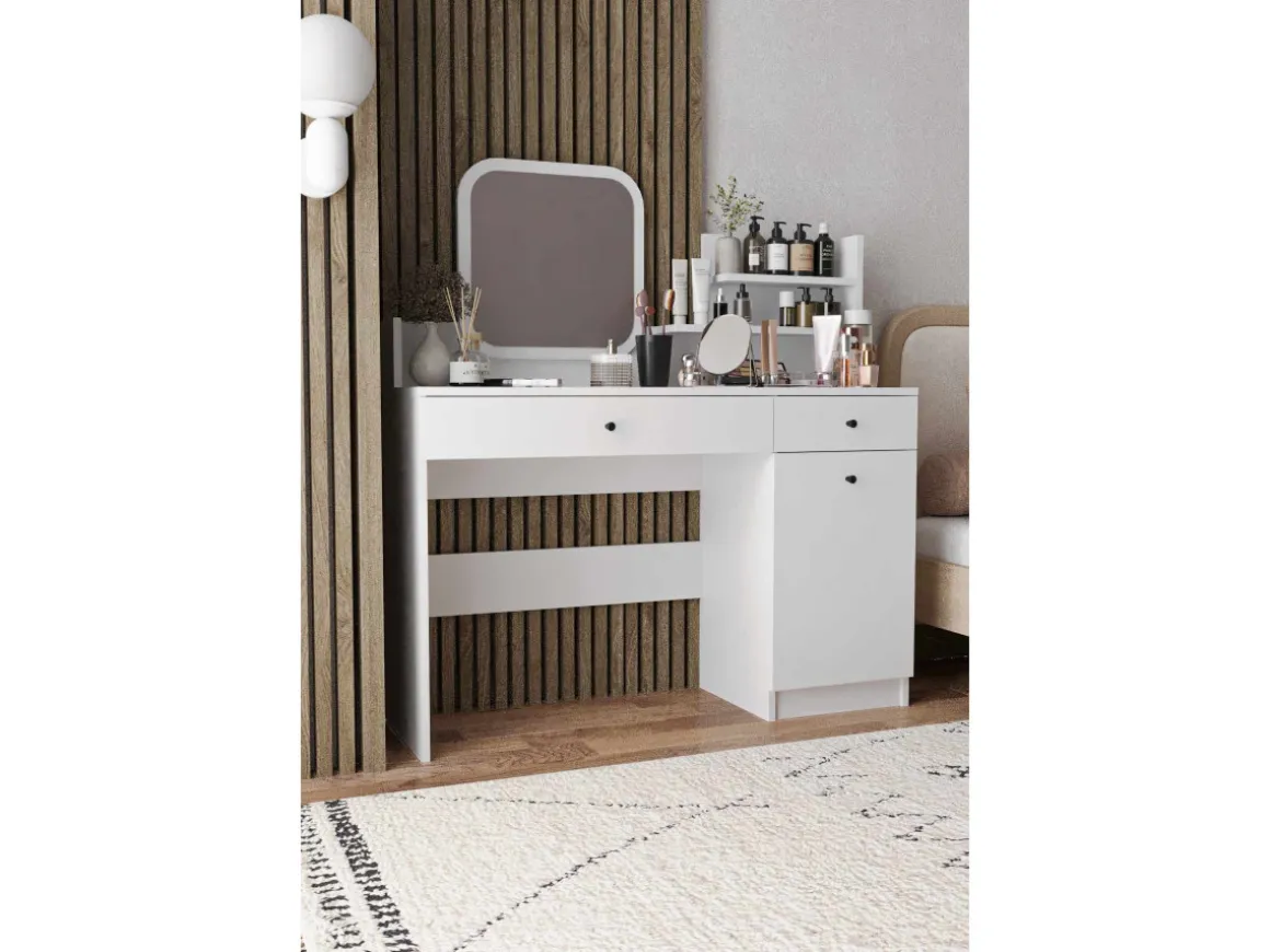Coiffeuse avec miroir en bois "Harmony Square" - 124 x 40 x 135 cm - Blanc