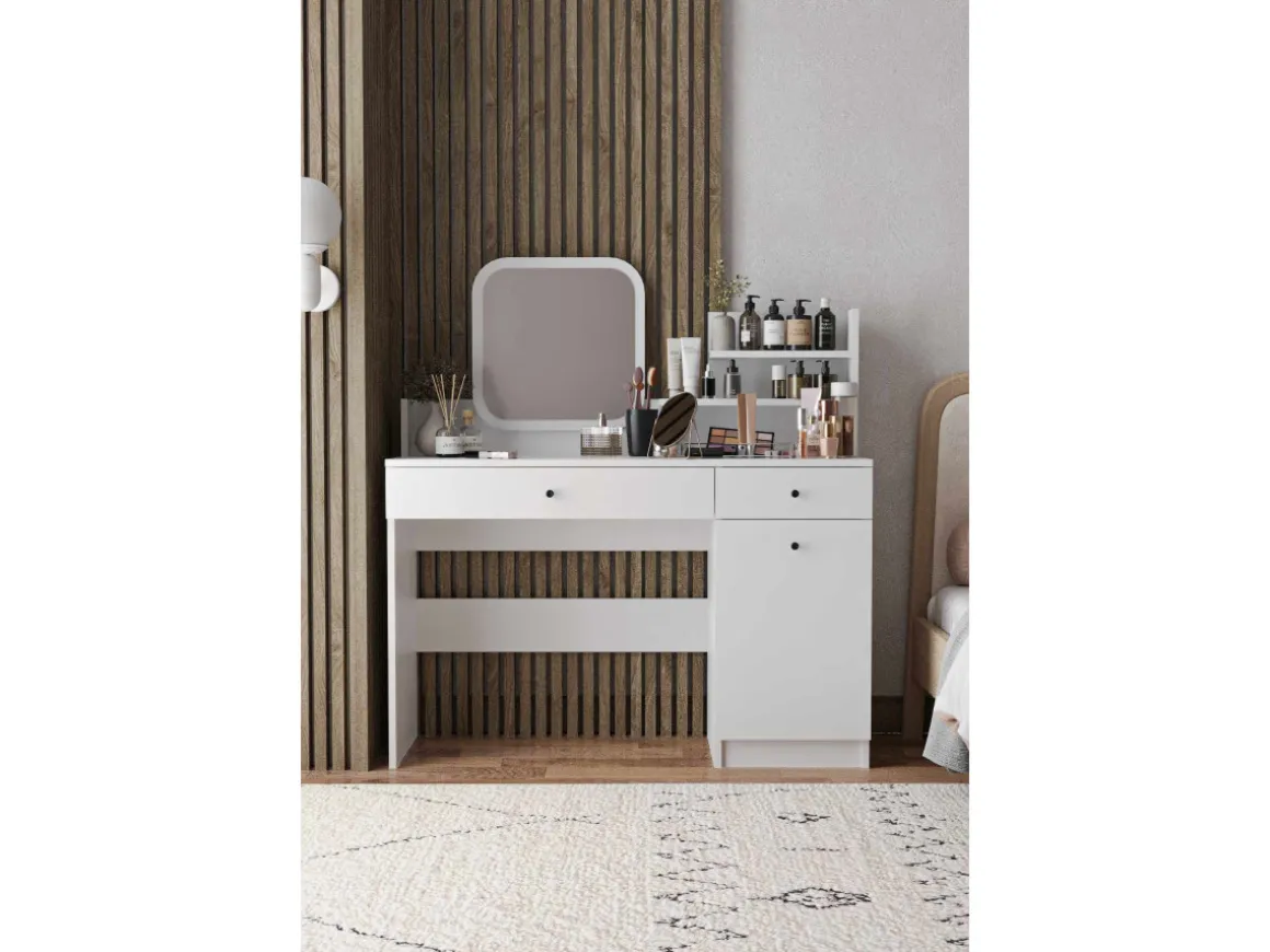 Coiffeuse avec miroir en bois "Harmony Square" - 124 x 40 x 135 cm - Blanc