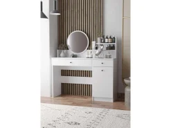Coiffeuse avec miroir rond en bois "Harmony Round" - 124 x 40 x 135 cm - Blanc