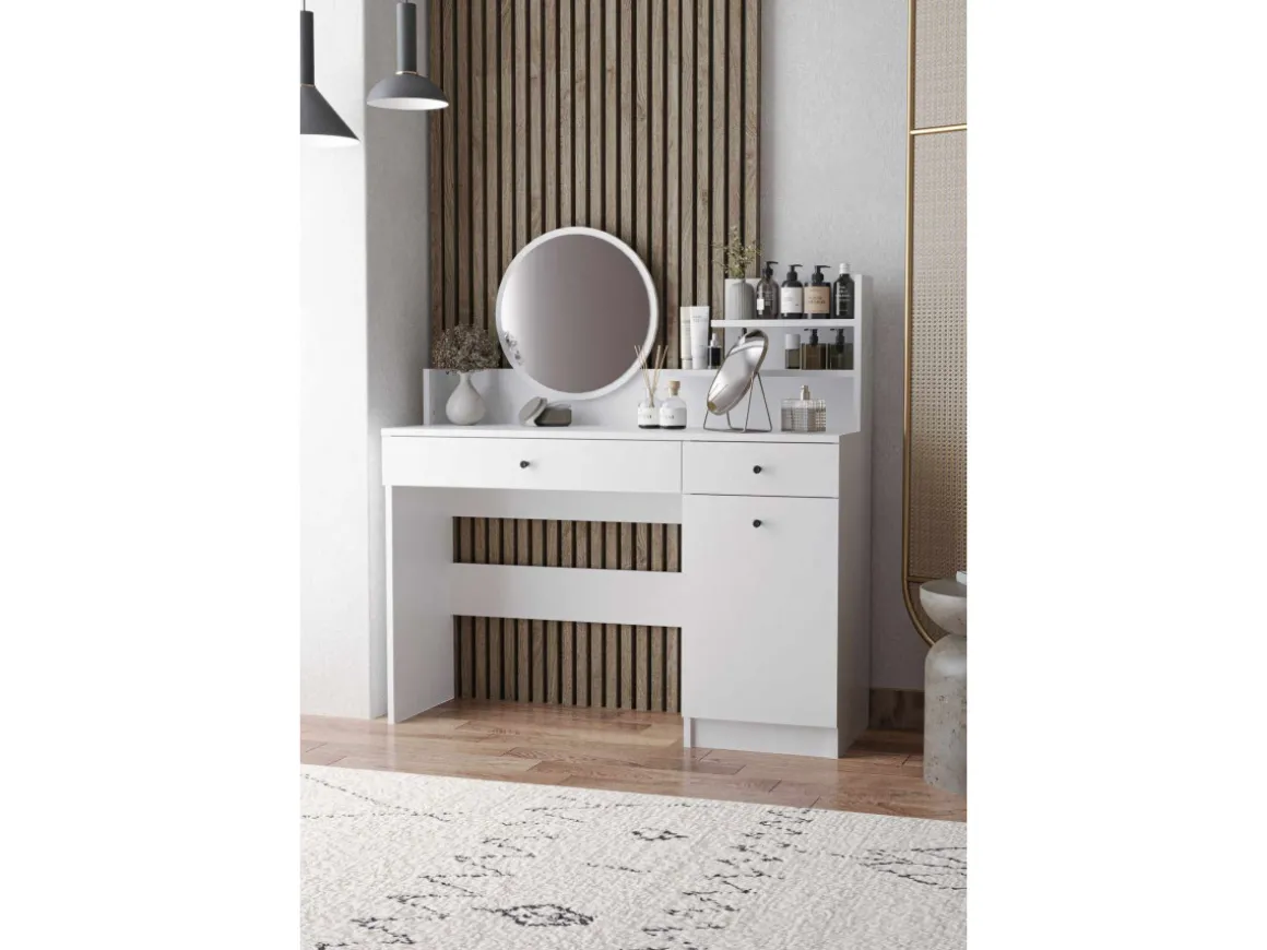 Coiffeuse avec miroir rond en bois "Harmony Round" - 124 x 40 x 135 cm - Blanc
