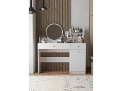 Coiffeuse avec miroir rond en bois "Harmony Round" - 124 x 40 x 135 cm - Blanc
