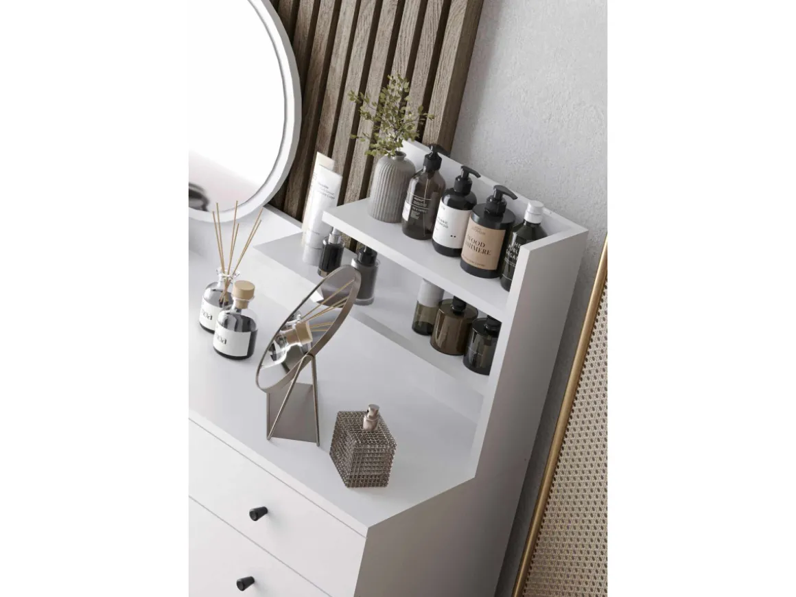 Coiffeuse avec miroir rond en bois "Harmony Round" - 124 x 40 x 135 cm - Blanc