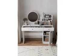 Coiffeuse avec miroir rond en bois