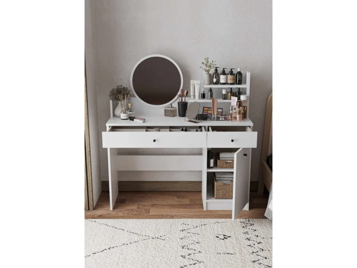 Coiffeuse avec miroir rond en bois "Harmony Round" - 124 x 40 x 135 cm - Blanc