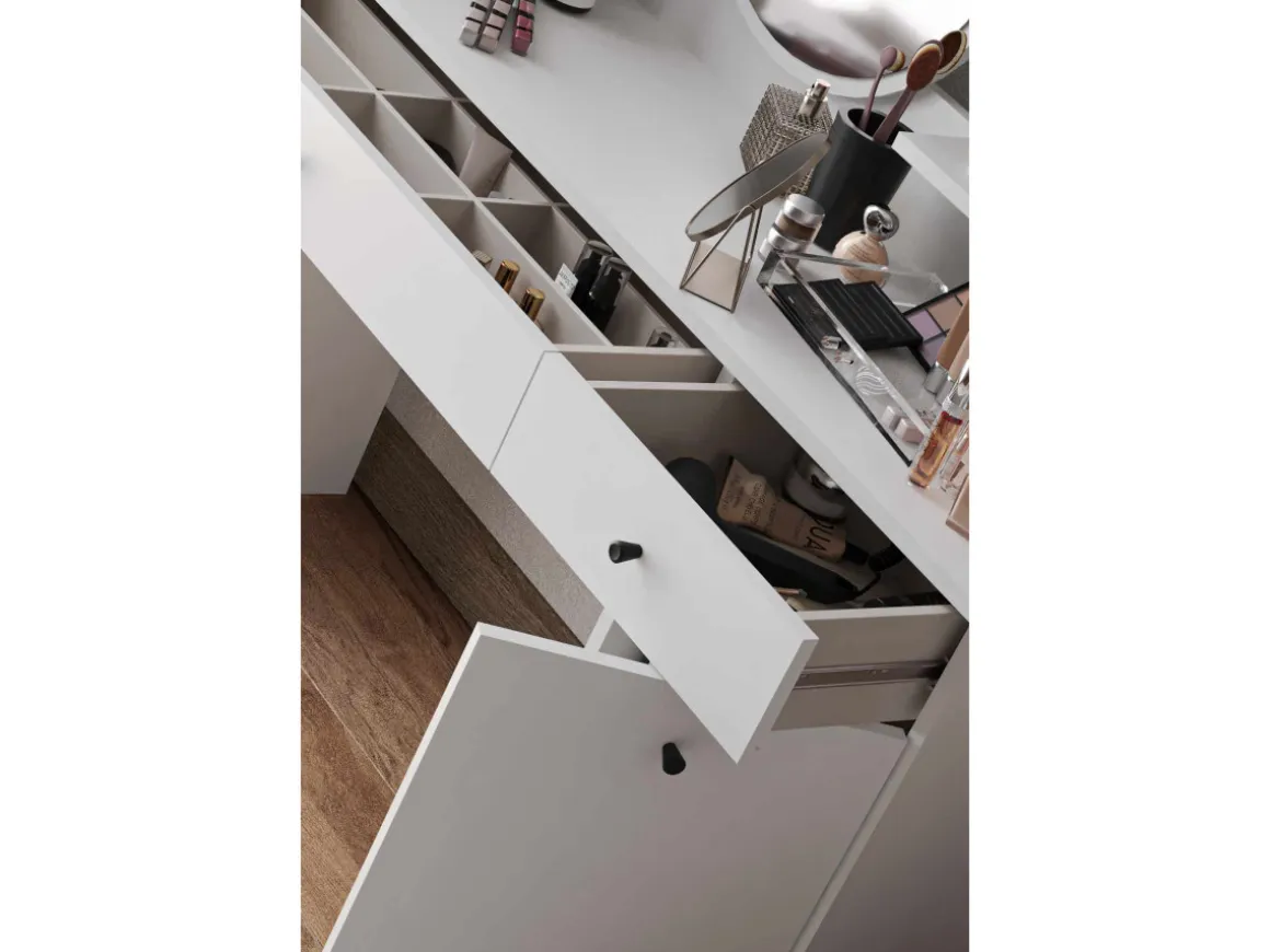 Coiffeuse avec miroir rond en bois "Harmony Round" - 124 x 40 x 135 cm - Blanc