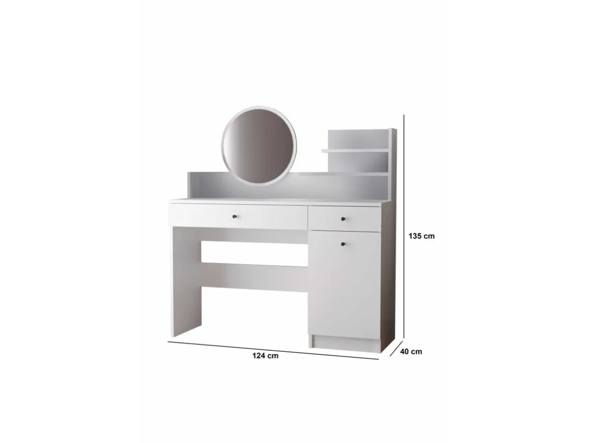 Coiffeuse avec miroir rond en bois "Harmony Round" - 124 x 40 x 135 cm - Blanc