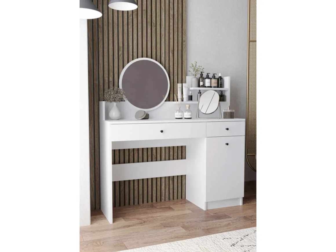 Coiffeuse avec miroir rond en bois "Harmony Round" - 124 x 40 x 135 cm - Blanc