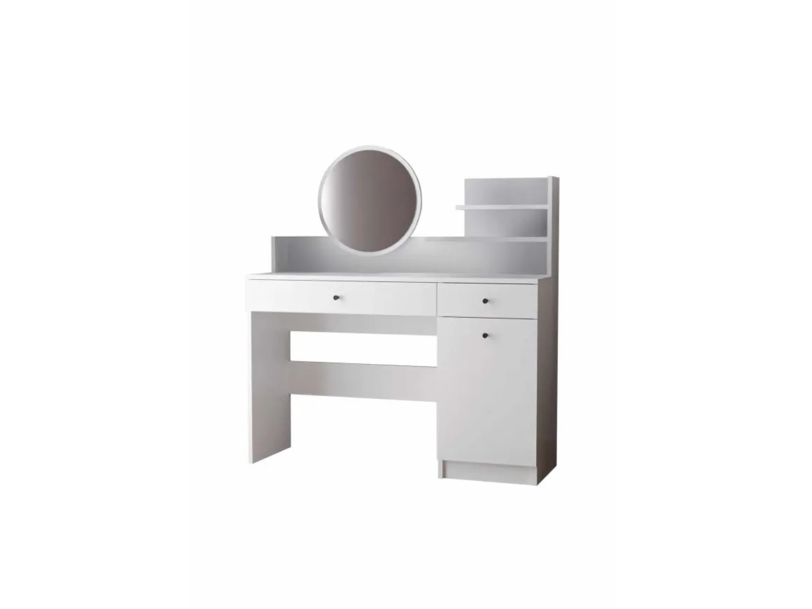 Coiffeuse avec miroir rond en bois "Harmony Round" - 124 x 40 x 135 cm - Blanc